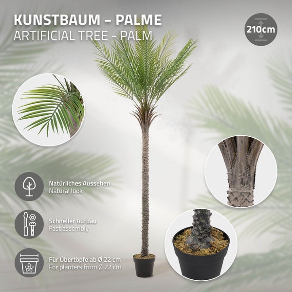 ML-Design Künstliche Palme 210 cm, Künstliche Pflanzen groß, Tropische Kunstpalme, Kunstpflanze, Fake Plant Deko, Plastik Pflanze im Topf für Indoor/Outdoor, Kunstbaum wie echt für Wohnzimmer Büro
