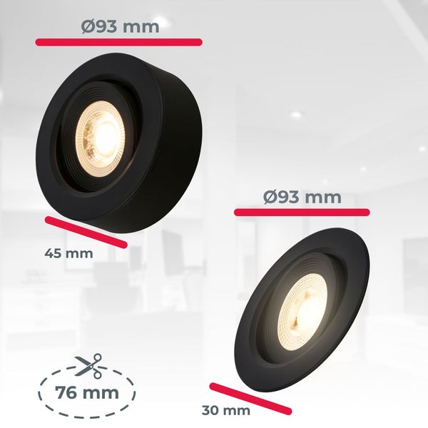 Schwarze Strahler mit Maßen: Durchmesser 93 Millimeter, Höhe 45 Millimeter, Tiefe 30 Millimeter und Lochausschnitt 76 Millimeter.