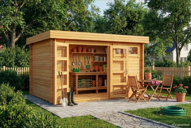 Holzgartenhaus mit Flachdach, offenen Türen, Werkbank mit Zubehör, davor Sitzgruppe auf Steinterrasse im Garten.