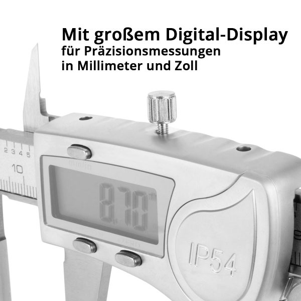 Digitaler Messschieber mit großem Digital-Display für Präzisionsmessungen in Millimeter und Zoll.