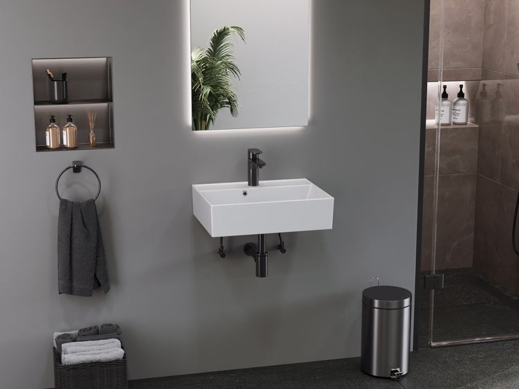 Aqua Bagno Basic Plan Waschbecken 10.16.30.02.2 – 50 x 38 cm – Weiß Hochglanz – Keramikbecken mit Hahnloch & Überlauf