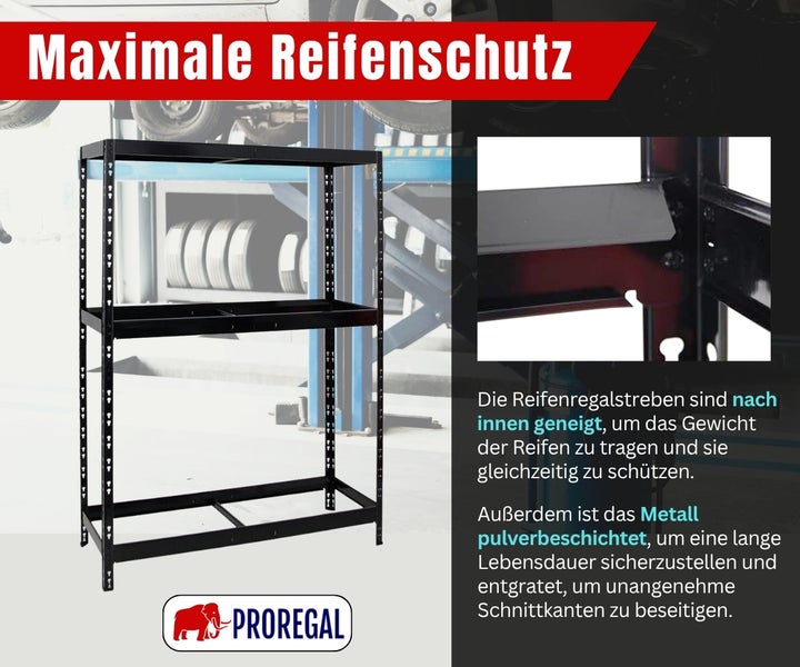 Reifenregal aus Metall von Proregal mit nach innen geneigten Streben und Pulverbeschichtung für Reifenschutz. Proregal Logo.