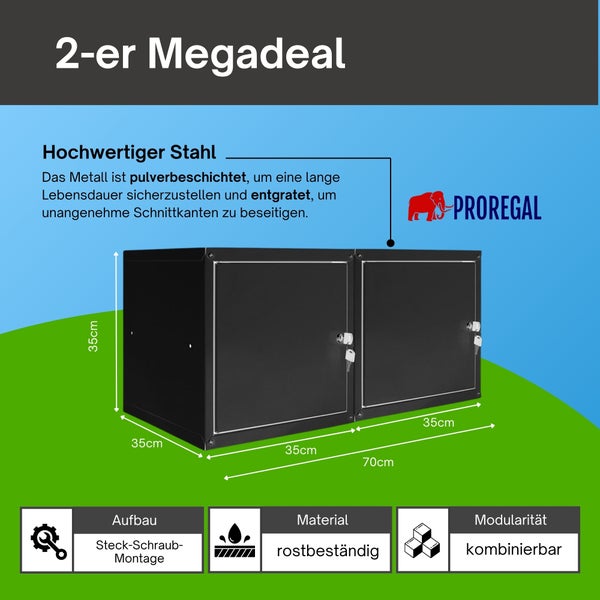 Zwei schwarze, abschließbare Metallboxen aus pulverbeschichtetem Stahl, 35 mal 35 mal 35 Zentimeter, rostbeständig und kombinierbar, ProRegal Logo.