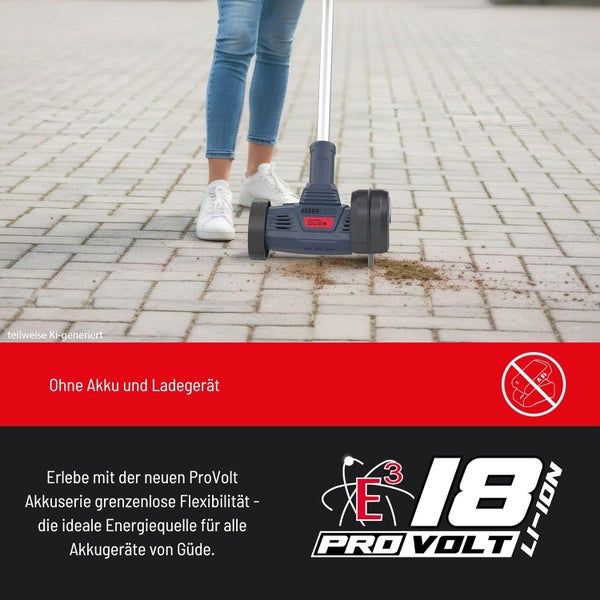 Güde Akku-Fugenreiniger im Einsatz auf Pflastersteinen, ohne Akku und Ladegerät, kompatibel mit der 18 Volt Pro Volt Akkuserie.