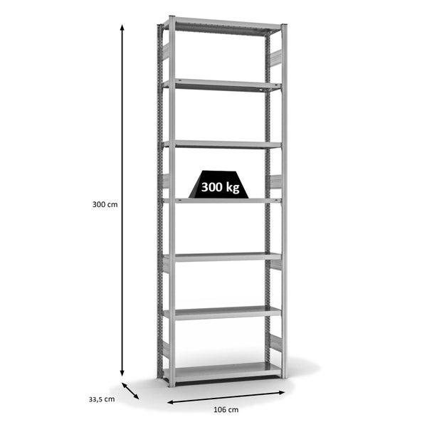 PROREGAL Fachbodenregal Stecksystem T-Profil Heavy-Duty Grundregal HxBxT 300 x 100 x 30 cm 7 Ebenen Fachlast 300 kg Beidseitig Nutzbar Verzinkt