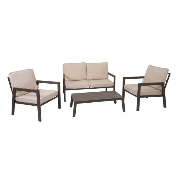 4-teiliges Garten-Lounge-Set aus dunklem Metall mit beigen Polstern, bestehend aus einem Zweisitzer-Sofa, zwei Sesseln und einem Couchtisch.