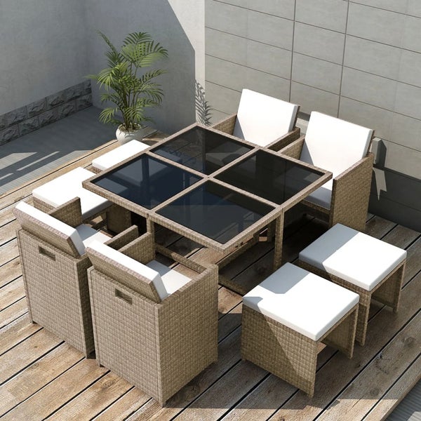 9-tlg. Garten-Essgruppe mit Auflagen Poly Rattan Beige