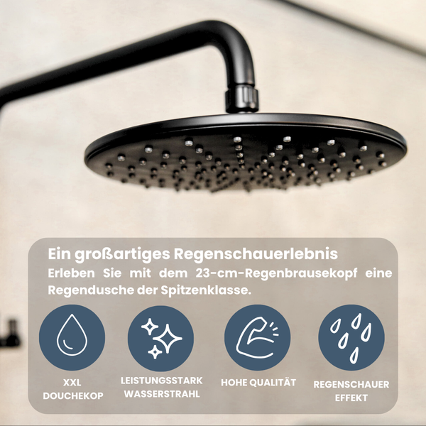 EcoRain 30% Wassersparender Regendusch-Duschset Glenn 23 CM mit Thermostatarmatur - Handbrause 12 CM - Hoher Druck - Universell - Anti-Kalk Duschkopf - Schwarz