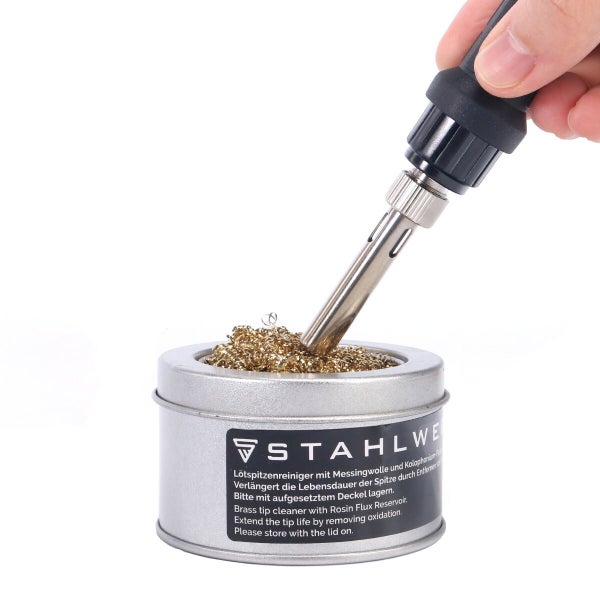Lötspitzenreiniger mit Lötkolben und Stahlwerk Logo