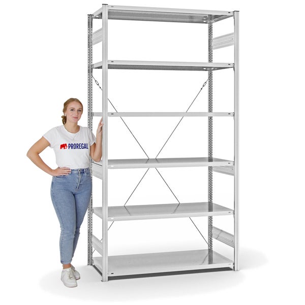 PROREGAL Fachbodenregal Stecksystem T-Profil Medium-Duty Grundregal HxBxT 250 x 130 x 60 cm 6 Ebenen Fachlast 240 kg Einseitig Nutzbar Lichtgrau