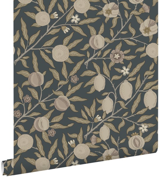 ESTAhome Tapete exotischen Früchten und Blättern Dunkelblau und Taupe - 50 x 900 cm - 131173
