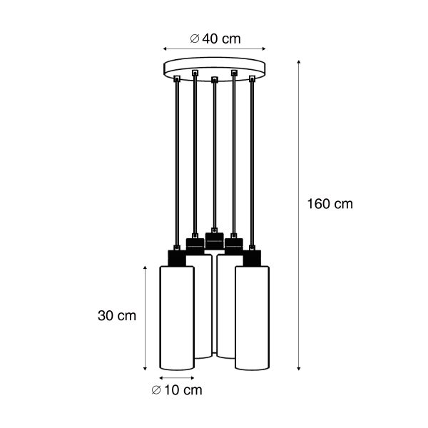Abmessungen einer Pendelleuchte: Durchmesser 40 cm, Höhe 160 cm, Durchmesser der Leuchtenschirme 10 cm, Höhe der Leuchtenschirme 30 cm