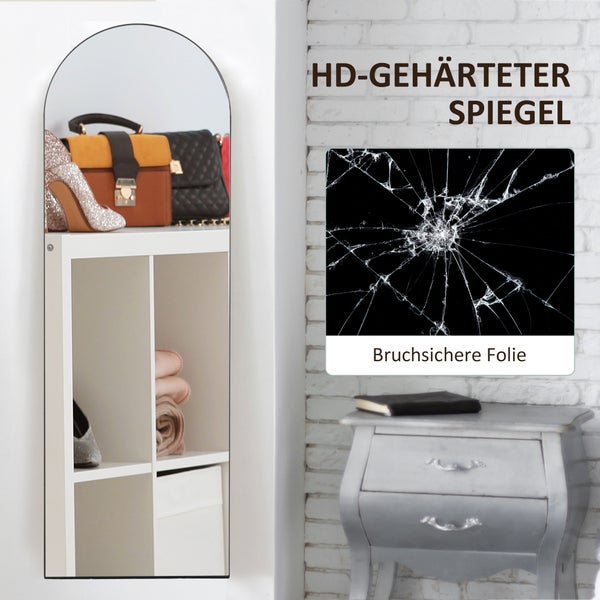 HOMCOM Ganzkörperspiegel, 150 x 50 cm Wandspiegel mit Ständer, Bogen-Design, Standspiegel mit Splitterschutzfolie, für Wohnzimmer, Schlafzimmer, Schwarz