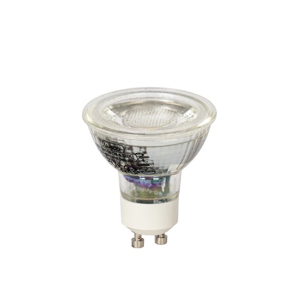 Dimmbares GU10 LED-Leuchtmittel aus Glas mit 3000 Kelvin.