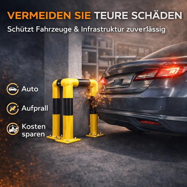 Ein Fahrzeug prallt gegen einen gelb-schwarzen Schutzbügel aus Metall, der einen Betonpfeiler in einer Garage zuverlässig vor Schäden schützt.