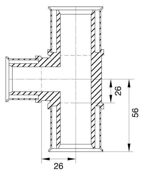 Technische Zeichnung eines T-Stücks für Rohre mit Maßangaben 26 und 56.