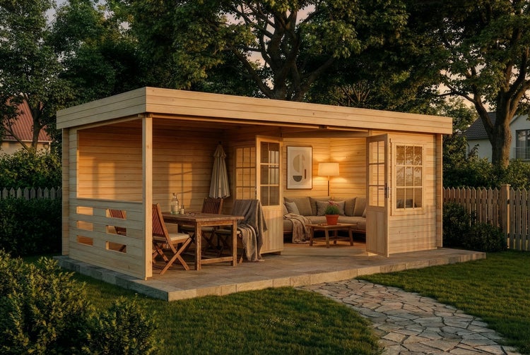 Modernes Gartenhaus aus Holz mit Flachdach, integrierter Terrasse mit Tisch und Stühlen sowie einem eingerichteten Innenraum mit Sofa.