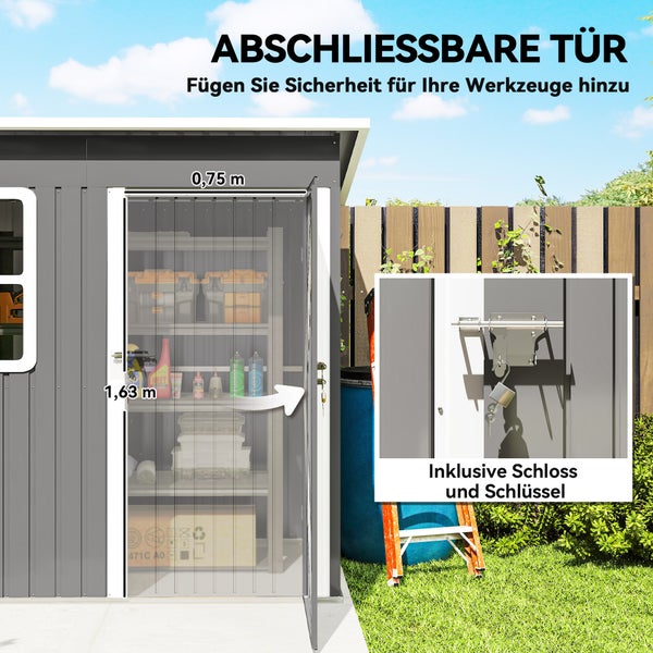 Metall-Gerätehaus mit abschließbarer Tür inklusive Schloss und Schlüssel. Die Maße der Tür sind 0,75 Meter mal 1,63 Meter.