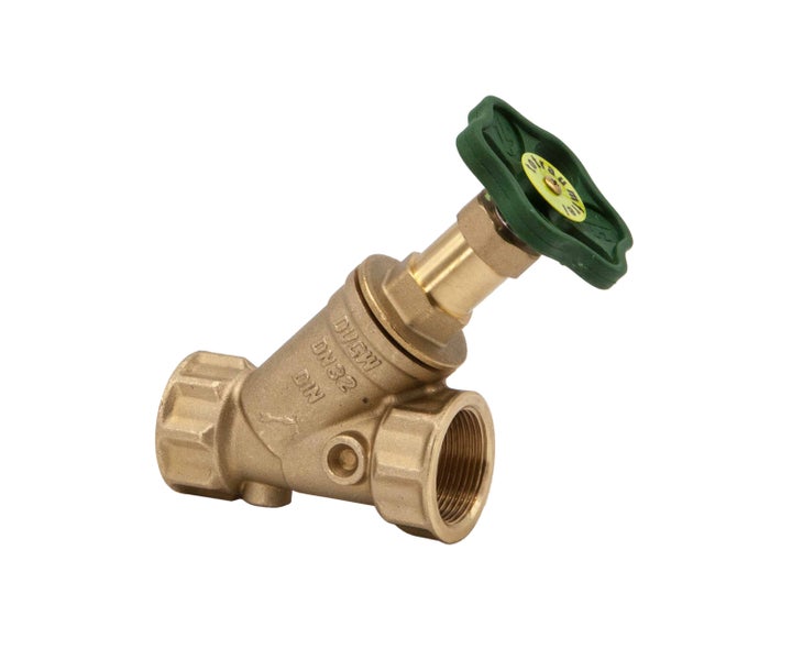 Schrägsitzventil aus Messing DN 32 mit grünem Handrad und Innengewinde.