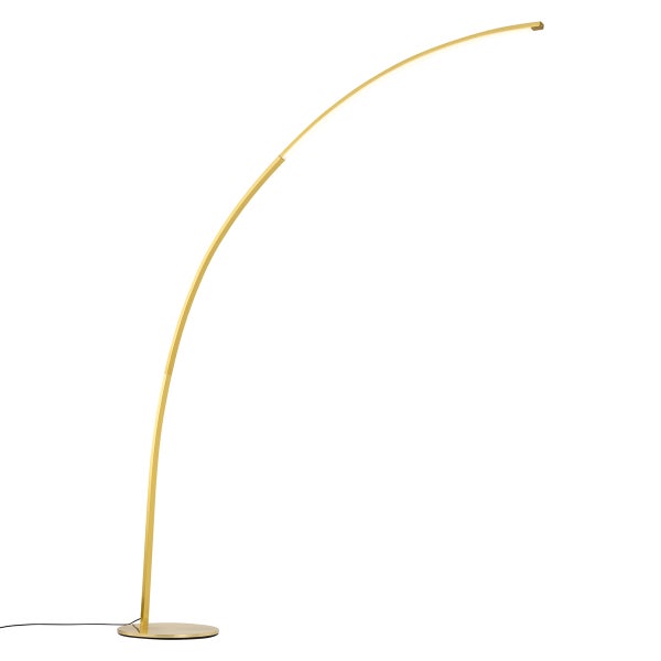 Goldfarbene, bogenförmige LED-Stehlampe mit flachem, rundem Standfuß.