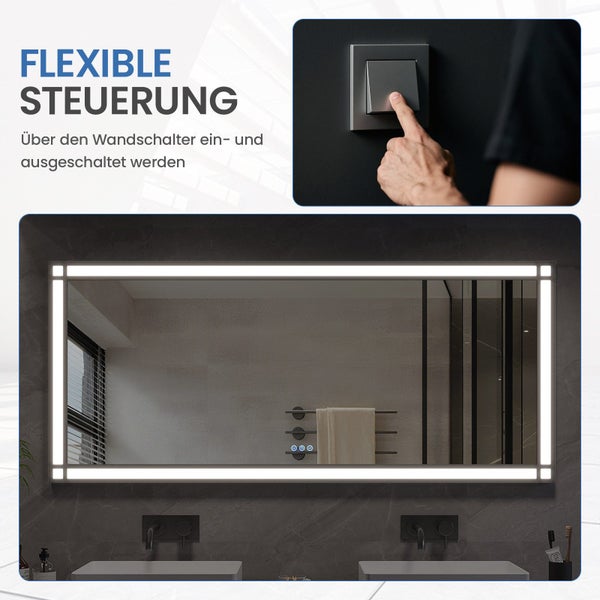 Rechteckiger Badezimmerspiegel mit LED Beleuchtung, der komfortabel über einen Wandlichtschalter ein und ausgeschaltet werden kann.