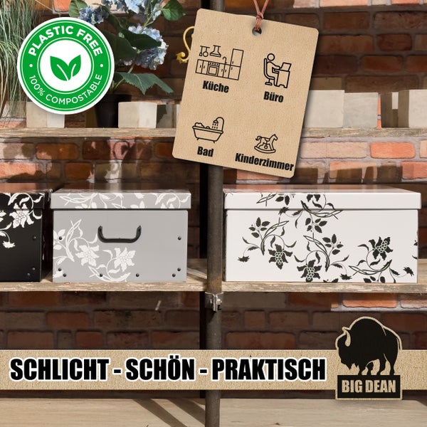 Aufbewahrungsboxen mit Deckel und Blumenmuster auf einem Regal vor einer Ziegelwand