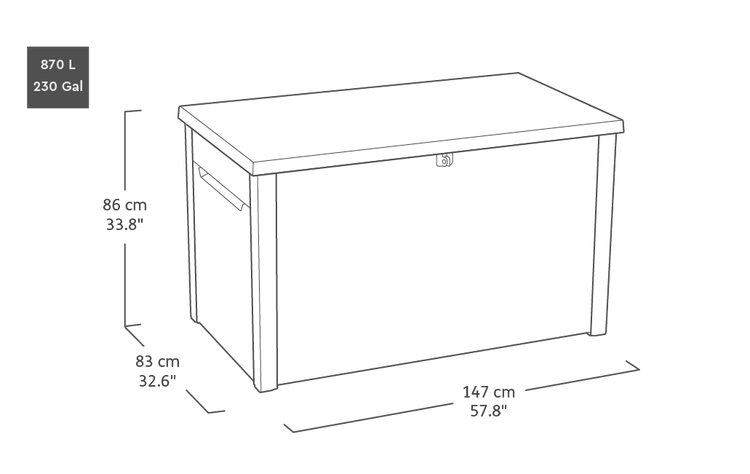 Abbildung einer Aufbewahrungsbox mit den Maßen 870 Liter, 86 cm Höhe, 83 cm Tiefe und 147 cm Breite.