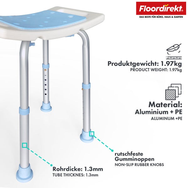 Duschhocker aus Aluminium und Polyethylen mit blauer Sitzfläche
