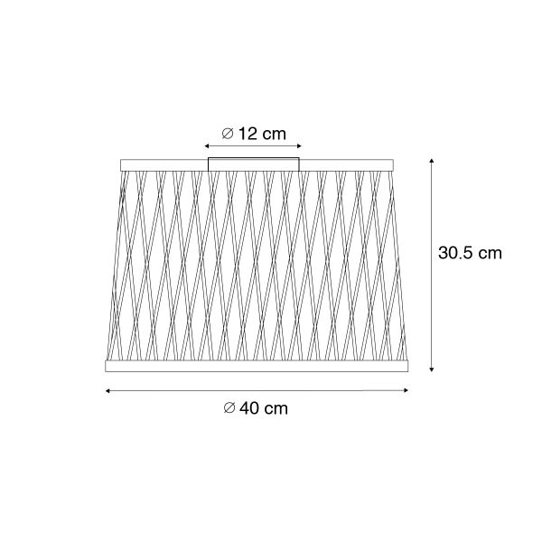 Technische Zeichnung Lampenschirm mit Gitterstruktur: oberer Durchmesser 12 Zentimeter, Höhe 30,5 Zentimeter, unterer Durchmesser 40 Zentimeter.