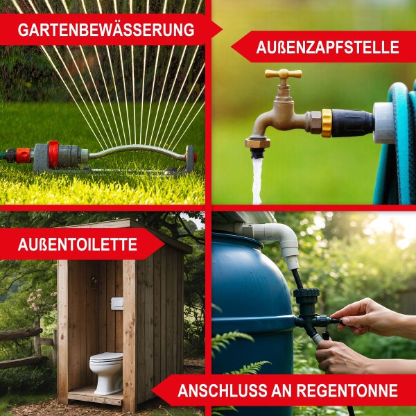 Gartenbewässerung mit Rasensprenger, Außenzapfstelle mit Schlauch, hölzerne Außentoilette und Anschluss an eine Regentonne.