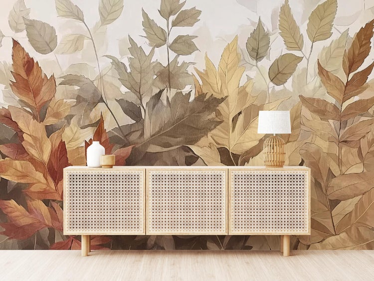 Fototapete Blätter Boho Beige Wohnzimmer Vlies Tapete 300x210 cm