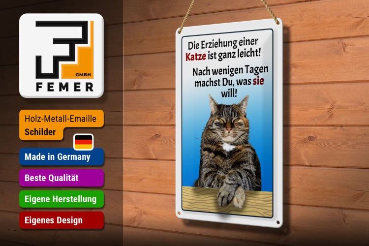 Blechschild Spruch 20x30cm die Erziehung einer Katze leicht