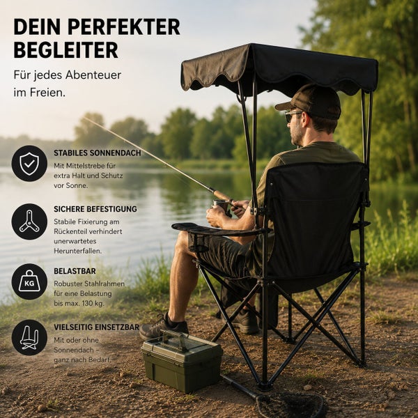 Ein Angler sitzt auf einem Campingstuhl mit abnehmbarem Sonnendach an einem See, inklusive Merkmalen wie Stabilität und Belastbarkeit.
