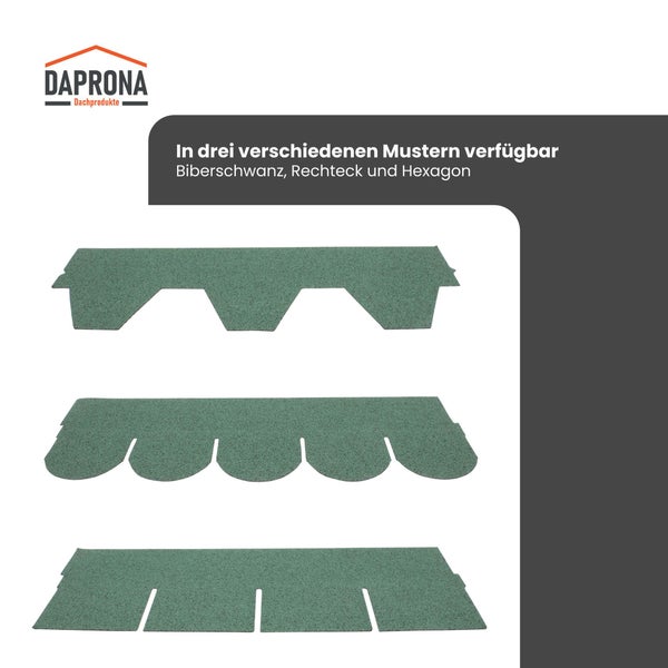 Daprona Bitumenschindeln in drei verschiedenen Mustern: Biberschwanz, Rechteck und Hexagon.