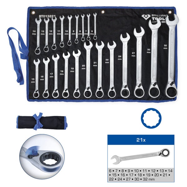 Brilliant Tools Ringmaulschlüssel Satz mit Rollentasche, 21-teilig, Größen 6 bis 32 Millimeter