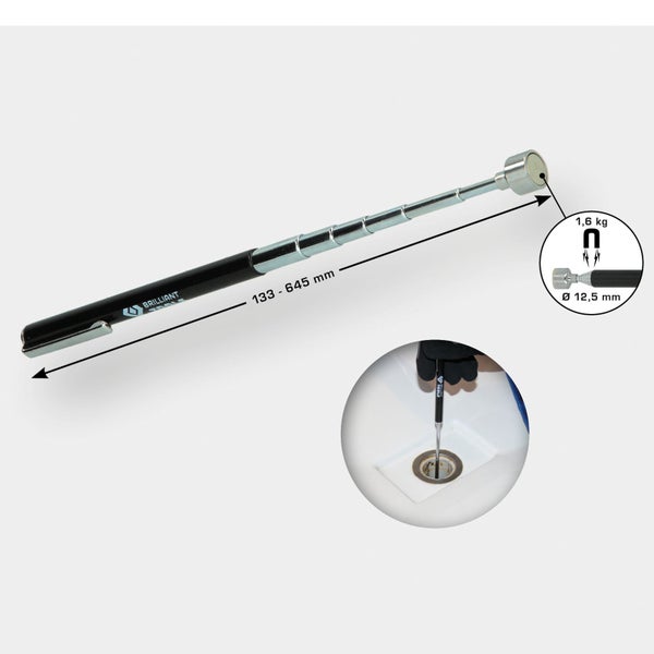 Ausziehbarer Magnetheber von Brilliant Tools mit einer Länge von 133 bis 645 Millimeter und einer Tragkraft von 1,6 Kilogramm.