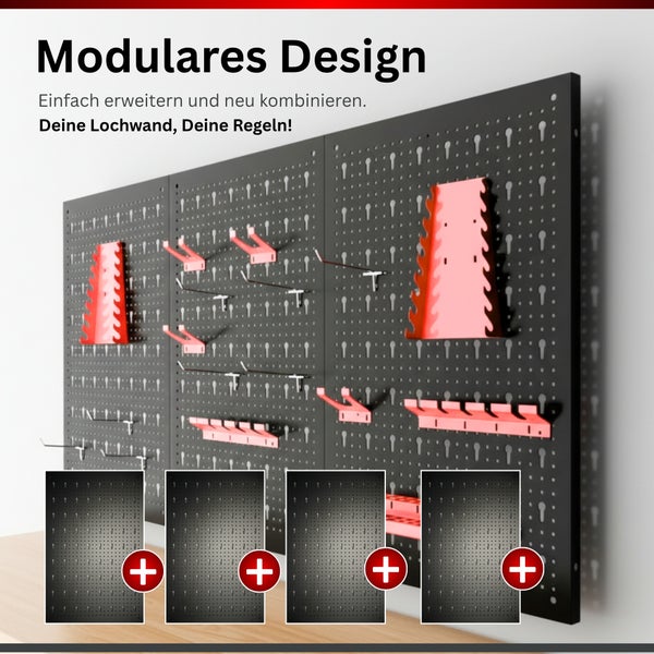 Modulares Lochwandsystem für die Werkstatt mit Werkzeughaltern und Haken, beliebig durch Paneele erweiterbar für eine individuelle Organisation.