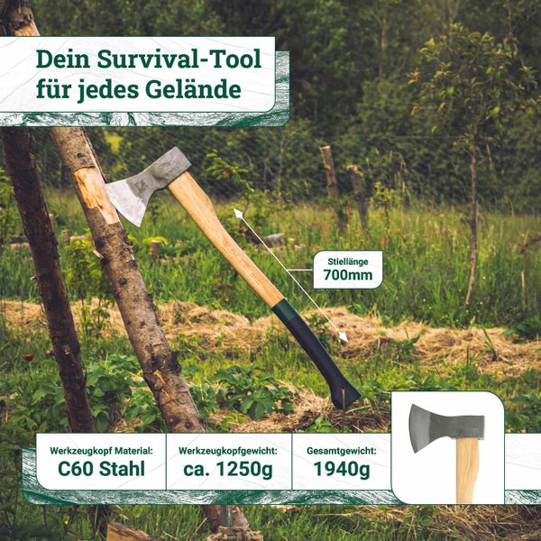 Spaltaxt mit Holzstiel, Stiellänge 700 Millimeter, Kopf aus C60 Stahl, Kopfgewicht circa 1250 Gramm, Gesamtgewicht 1940 Gramm.