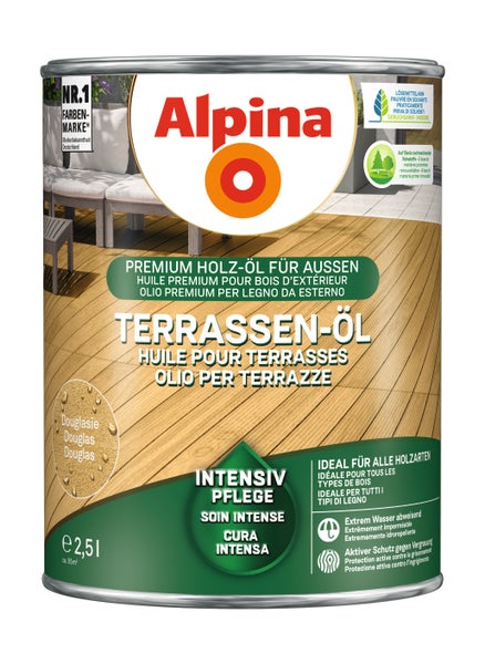 Alpina Terrassen-Öl Douglasie 2,5 Liter, Premium Holzöl für außen, wasserabweisend, Schutz gegen Vergrauung, Ergiebigkeit circa 55 Quadratmeter.