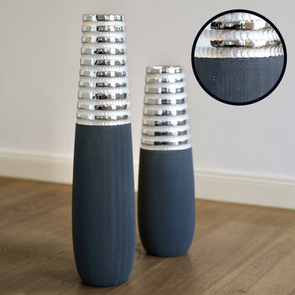 Vase GILDE Vasen Höhe 50cm Breite 15cm grau, silberfarben Keramik