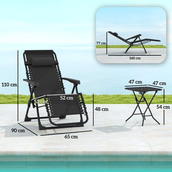 Outsunny Gartenliege Set 3-TLG. Klappbar Sonnenliege mit Teetisch 2 Stühle Kopfkissen, Outdoor Liege wetterfest Relaxliege Liegestuhl aus Metall Strandliege für Garten, Terrasse 90x56x110 cm Schwarz