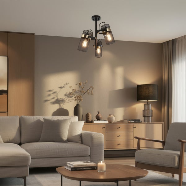 Wohnzimmer mit Deckenleuchte, Sofa und Sessel