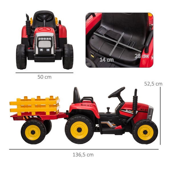 HOMCOM Elektrischer Traktor mit Anhänger, Fernbedienung, MP3 Funktion, Scheinwerfer, 3-6KM/H, für 3-6 Jahre Kinder, 136,5L x 50B x 52,5H cm, Kunststoff, Metall, Rot