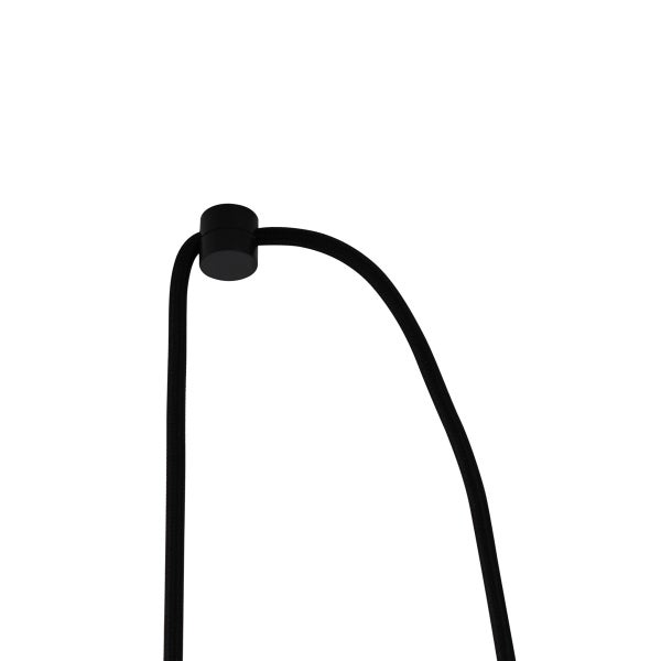 Detailansicht einer schwarzen Lampenaufhängung mit Textilkabel