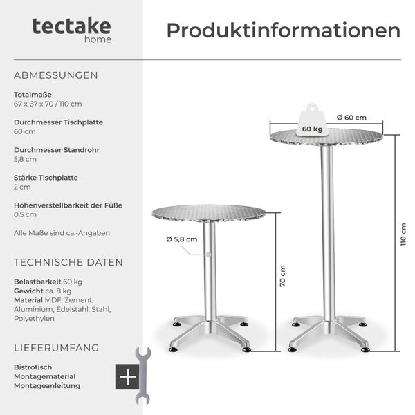 Tectake Home Stehtisch mit technischen Daten und Maßen zur Illustration der Höhenverstellbarkeit und Belastbarkeit.