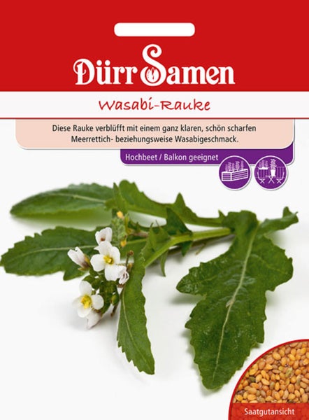Samentüte für Wasabi-Rauke von Dürr Samen Logo, geeignet für Hochbeete und Balkone, mit Abbildung der Pflanze und der Samen.