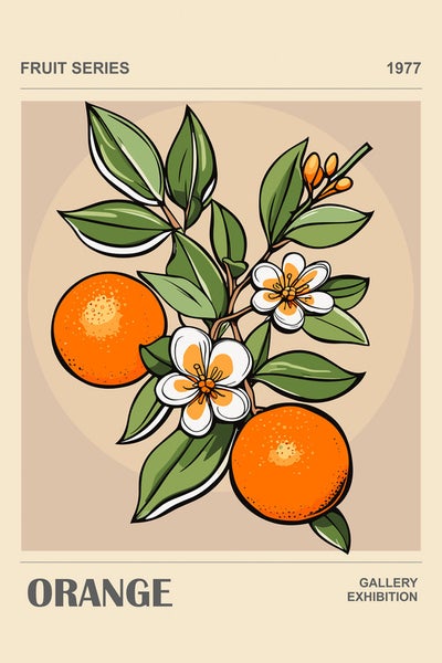 Illustration einer Orange mit Blättern und Blüten für eine Galerieausstellung