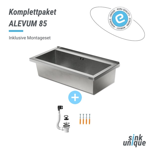 Edelstahlbecken ALEVUM 85 Komplettpaket inklusive Montageset mit Siphon und Befestigungsmaterial. sink unique Logo.