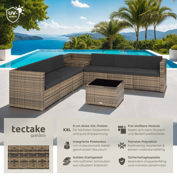 Rattan Lounge tectake Verona mit Sicherheitsglasplatte für 6 Personen natur