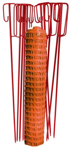 UvV Basic Baustellenabsperrung, Bauzaun als Rolle - Set 50m 4 kg Fangzaun orange inkl. 10 Absperrleinenhalter rot, Absperrnetz, Maschenzaun, Bauzaun Rolle Kunststoff